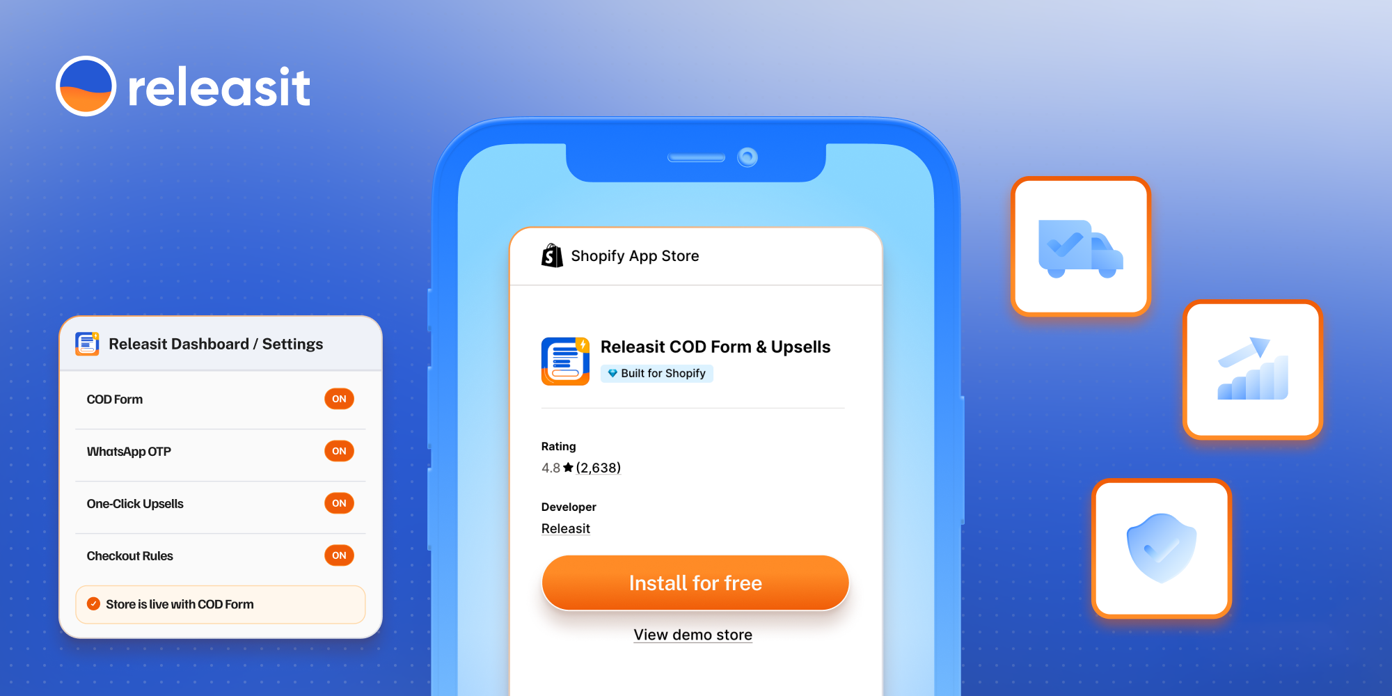 Step-by-step COD setup in Shopify using Releasit COD Form & Upsells showing form builder, OTP settings, and order confirmation screen